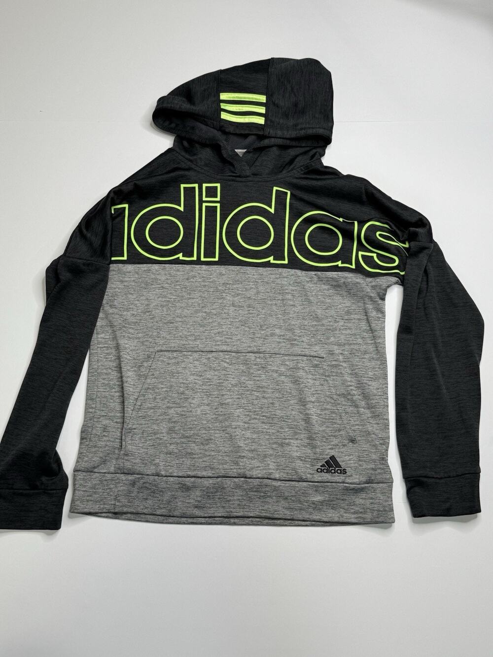 Adidas Youth Large 14-16 Hoodie Sweatshirt Pullover Black Gray Neon Write Out